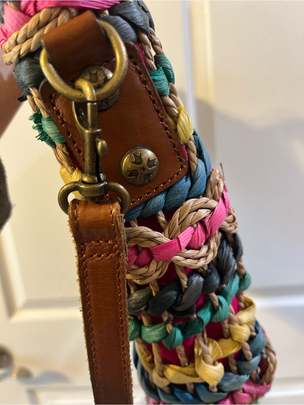 Patricia Nash Multicolor Braided Straw Shoulder Bag with Wooden Ring Handles - Picture 7 of 8